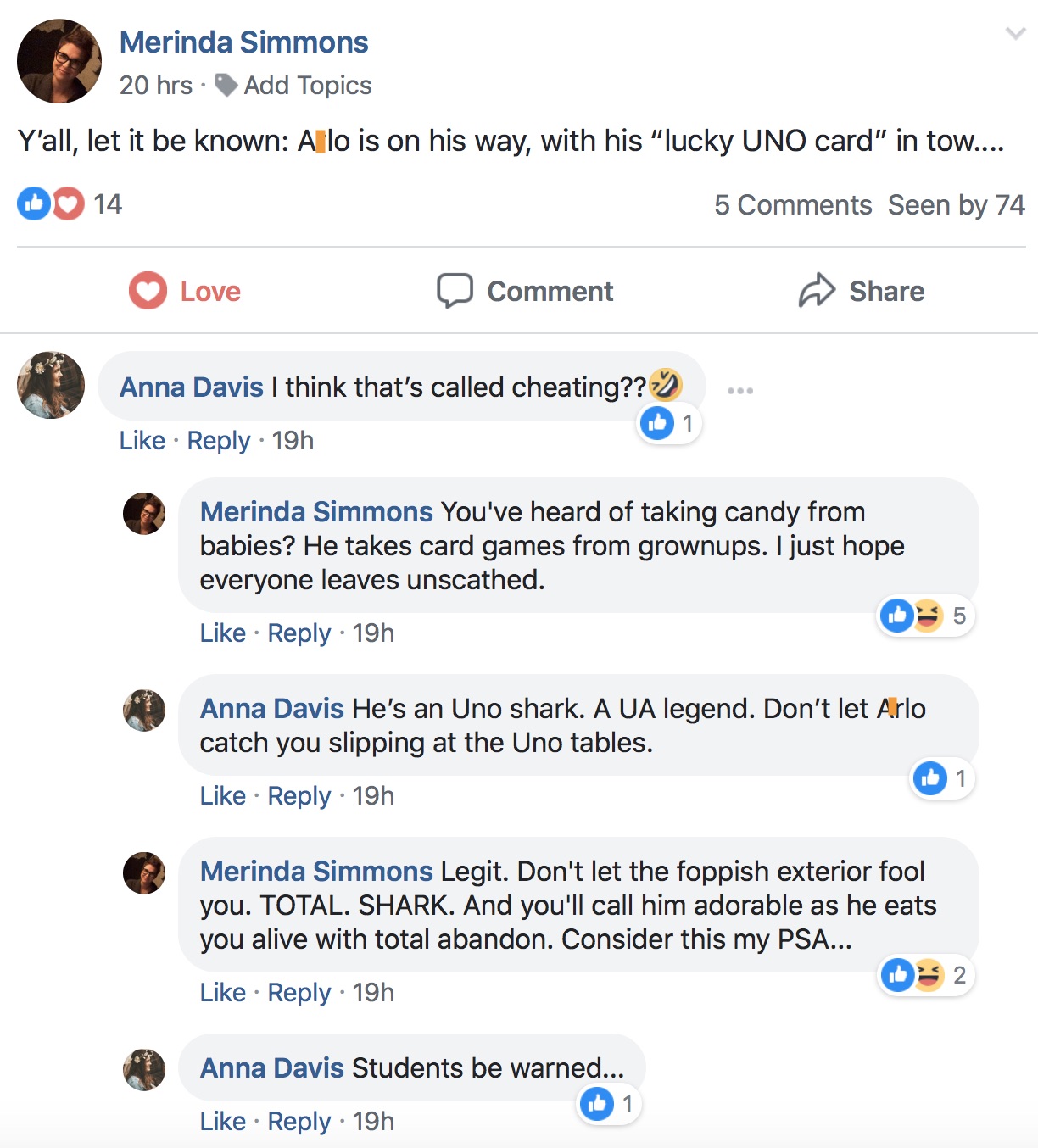 A Facebook conversation on the coming of "A-lo" and his lucky UNO card in tow." Another person replies that A-lo is a UA legend and a card shark.