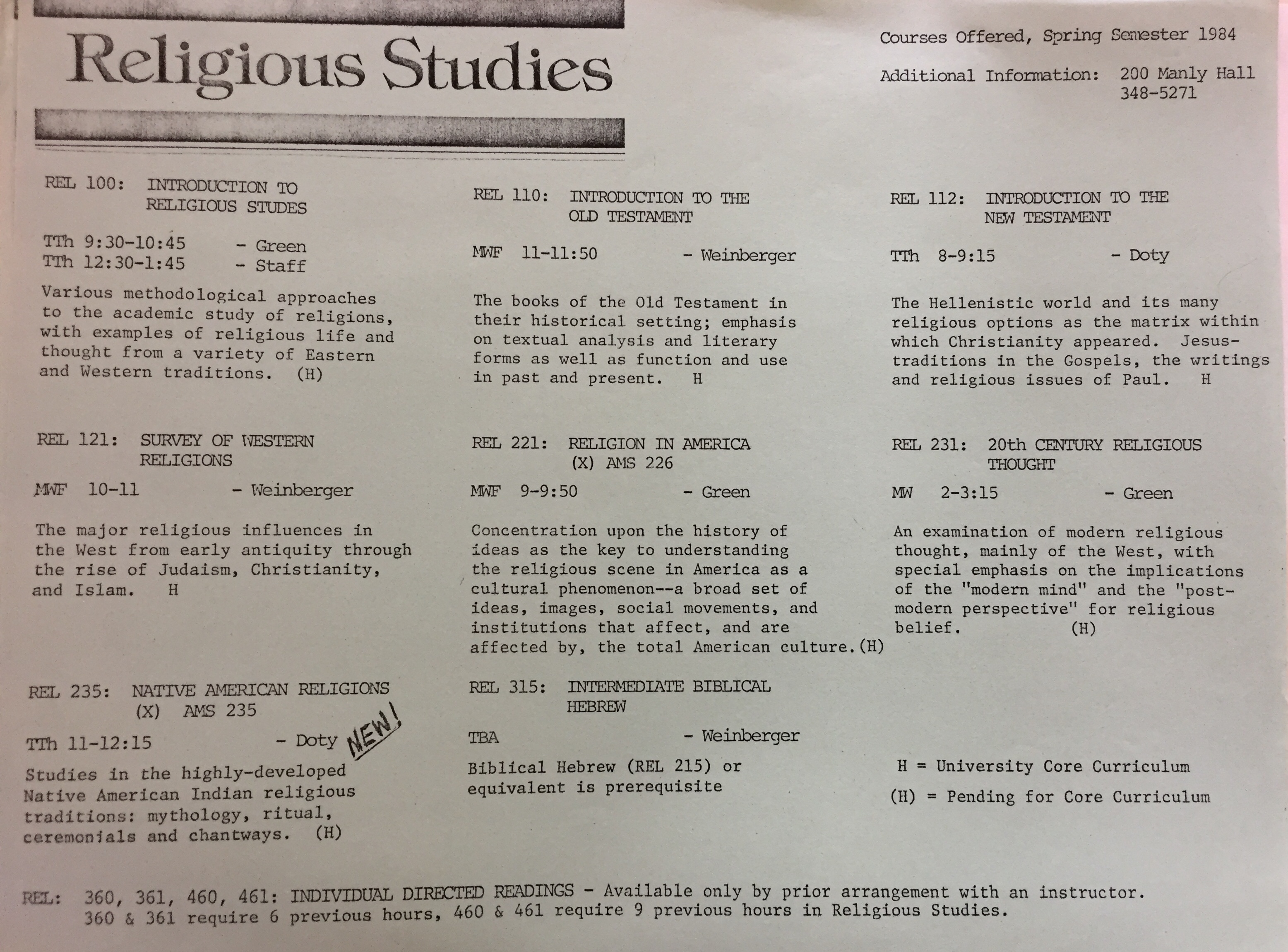 Spring semester 1984 flyer for courses in the department