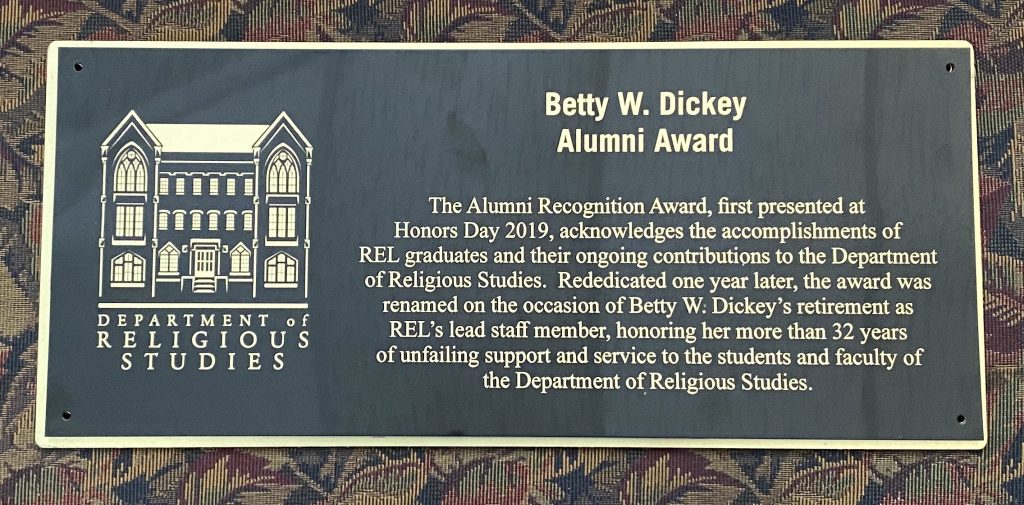 Inscription plaqye for the new Betty Dickey Alumni Award
