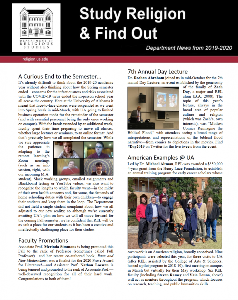 Photo of the front cover the the 2019-20 Department newsletter