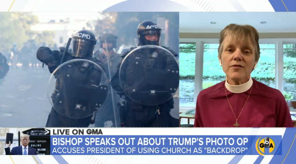 Episcopal Bishop Budde speaking on the TV news with a split screen image of riot police