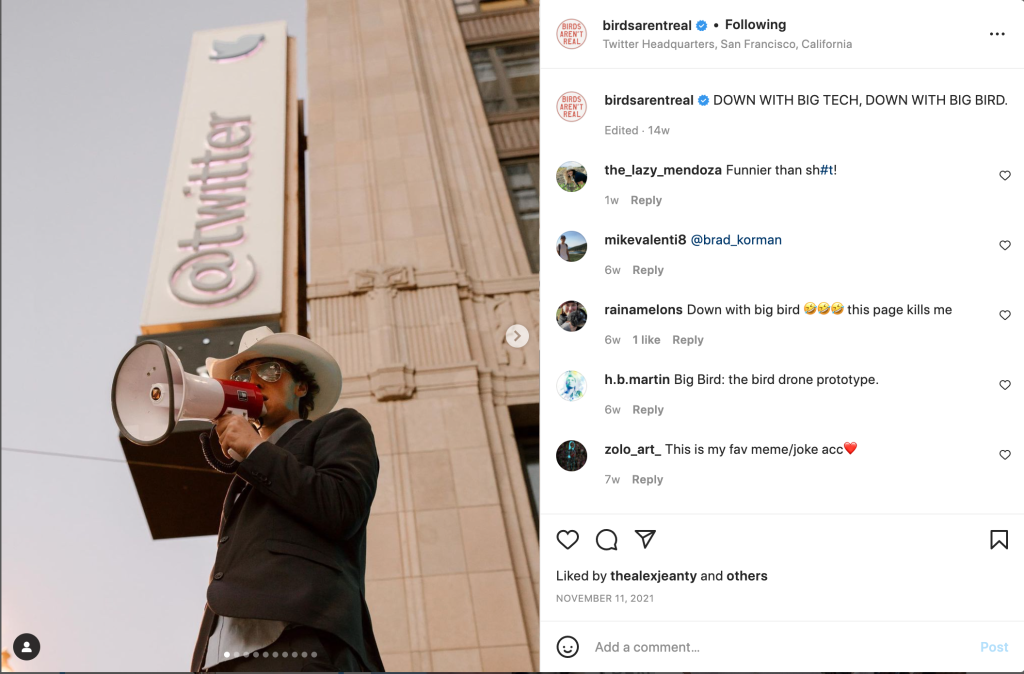 Man with bullhorn below @Twitter sign in Instagram post from BirdsArentReal