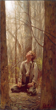 A child kneeling in a forest while looking up towards a bright ray of sunlight.