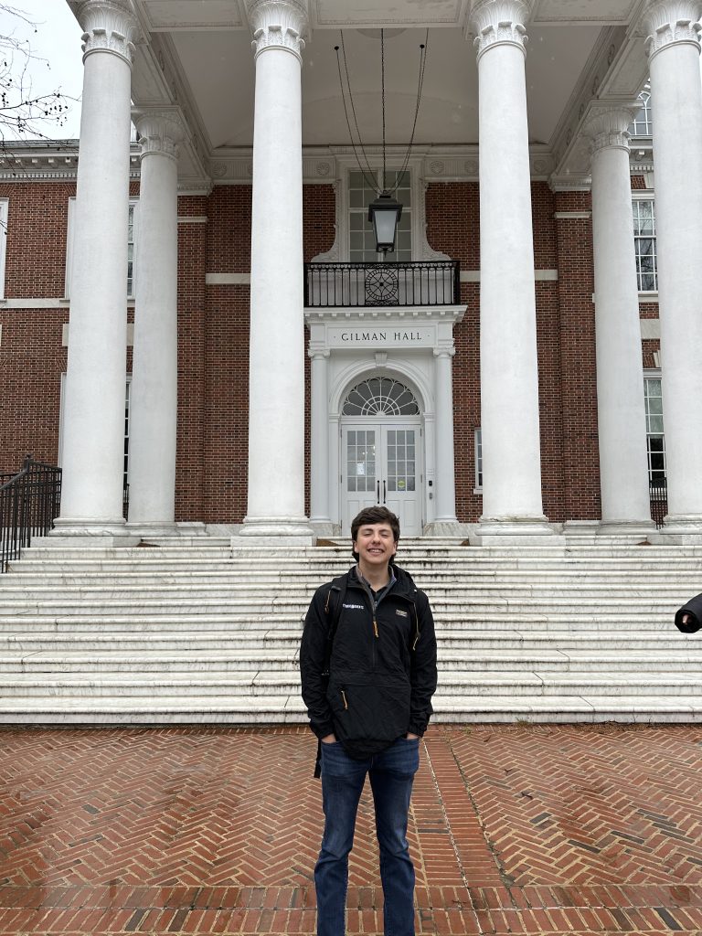 Carter Sheldon, standing in front of Gilman Hall at the University of Alabama.