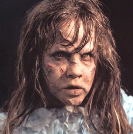 actor Linda Blair in full demon possession makeup for the movie The Exorcist